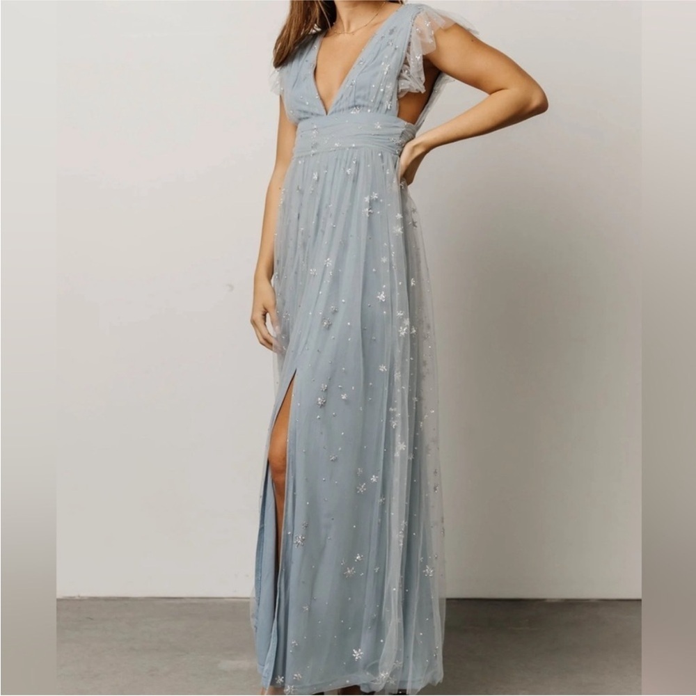 NWT Baltic Born Nova Shimmer Maxi Dress Gown Tulle Glitter in Dusty Blue 1XL